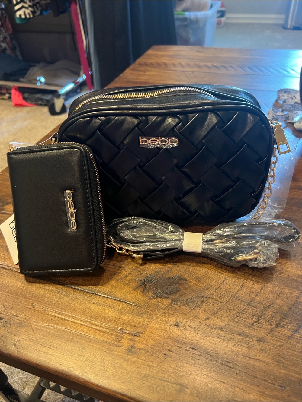 bebe Luca Black Woven Camera Crossbody with Gold Accents and Zip Wallet